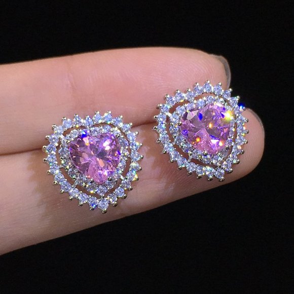 NEW Silver Pink Topaz Heart Diamond Halo Earrings - Picture 3 of 3
